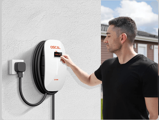 Person using an electric vehicle charging station on a wall
