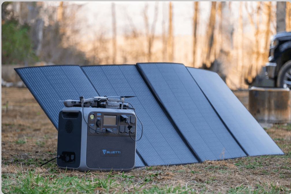 Portable power station with solar panel in outdoor setting