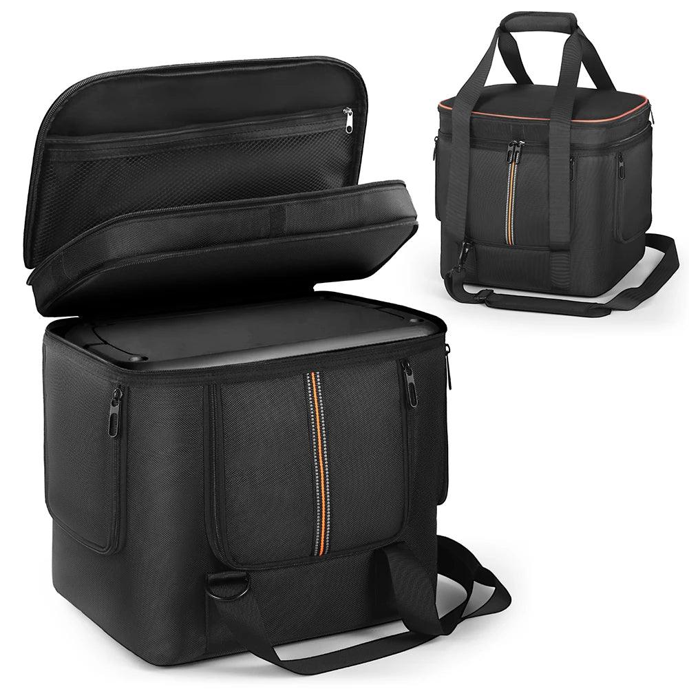 Portable black carrying case with shoulder strap, ideal for solar generator accessories