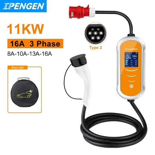 IPENGEN 11KW 16A Type 2 portable EV charger with CEE plug, 3.5M cable, TPU body, and copper alloy components