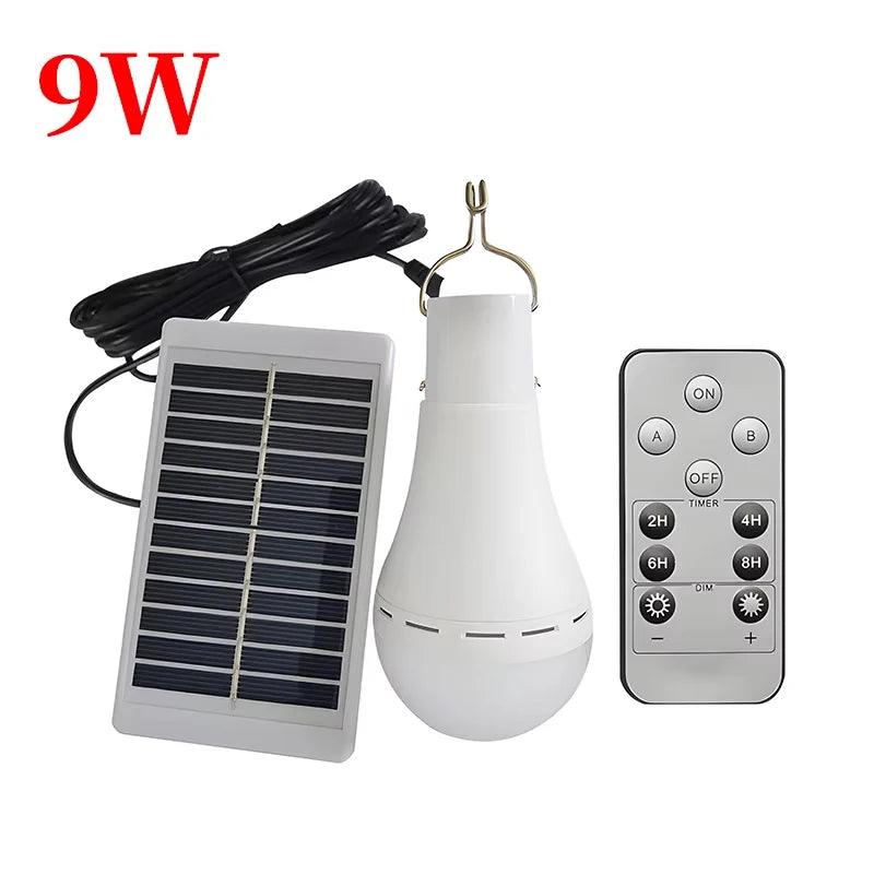 Rechargeable solar camping light in white with a solar panel and remote control. Lightweight with a hanging hook for easy use.