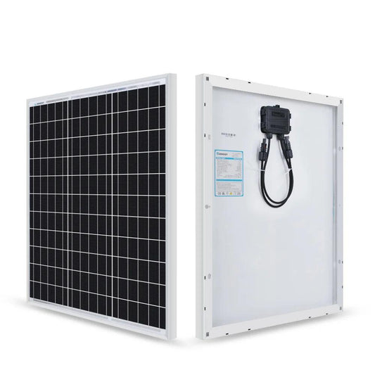 Front and back view of a rectangular solar panel with connection cables, renewable energy kit