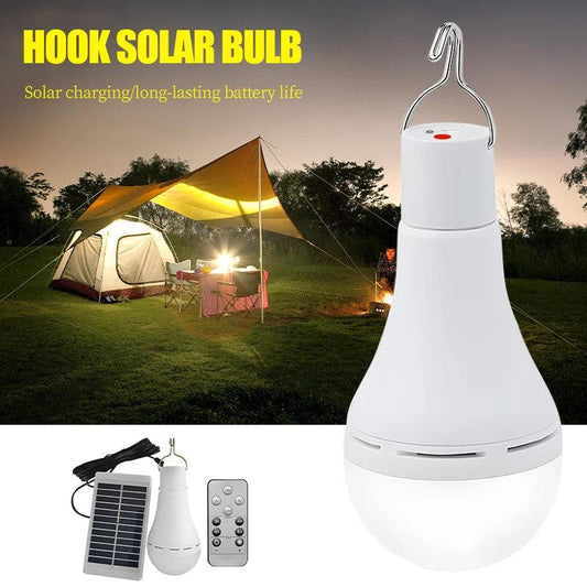 Rechargeable solar camping light with a white design, hanging hook, solar panel, and remote control for versatile outdoor use.