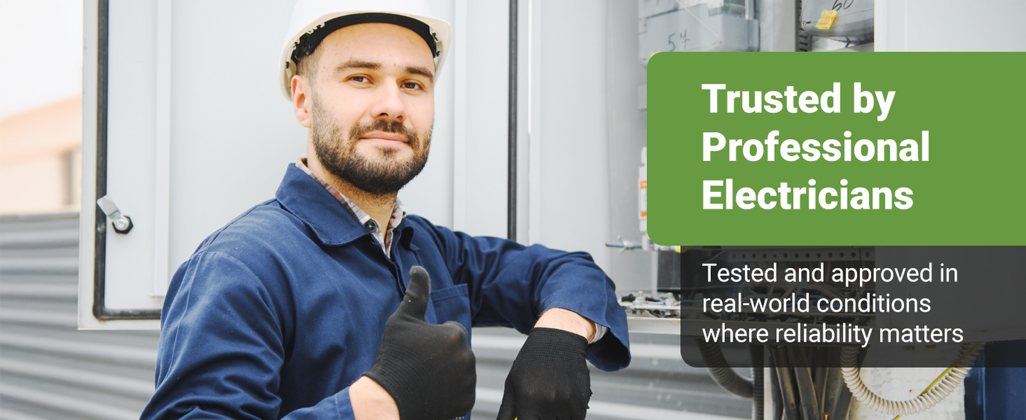 Professional electrician gives thumbs up by electrical panel, promoting SolarFlares Generators' reliability.