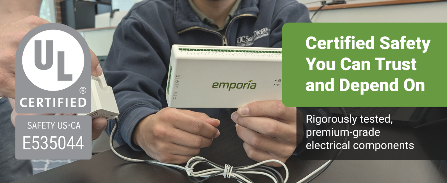 Person holding Emporia electrical component with UL certification, promoting SolarFlare Generators safety.