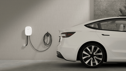 Emporia Pro EV charger in white with 48A hardwire setup, NACS connector, 25 ft cable, and wall holster