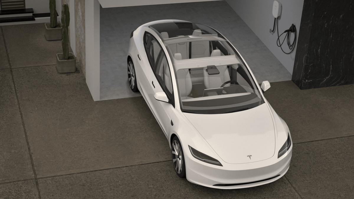 Electric car in garage charging at wall-mounted EV charger, renewable energy solution