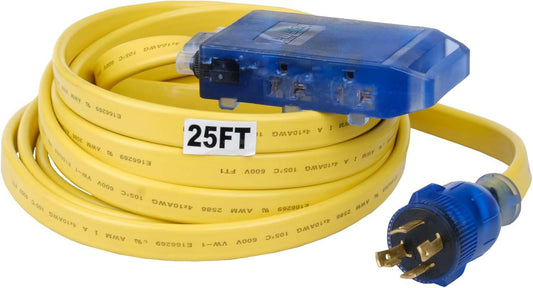 25 foot yellow heavy duty generator extension cord with blue plug and outlet