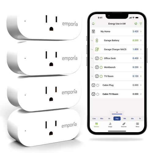 Emporia Smart Plug Energy Monitor 4-Pack WiFi Smart Outlets 10A 1800W Real-Time Energy Tracking
