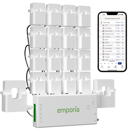 Emporia Vue 3 Circuit Monitor Gen 3 split phase with 16 sensors, two 200A main CT clamps and compact monitor