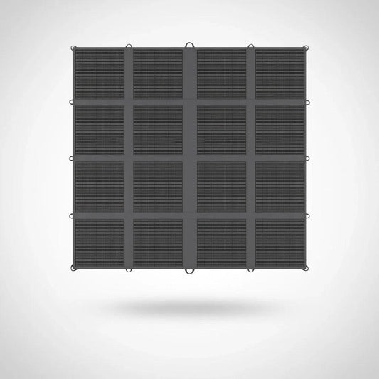 Portable solar panel kit with 16 grid sections, black, on white background.