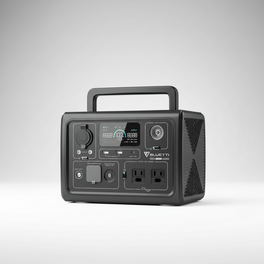 Black portable power station with digital display on a gray background