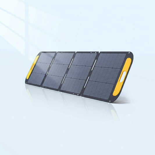 Portable folding solar panel with yellow handles by SolarFlare Generators on a white background.