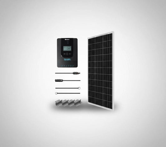SolarFlare Generators solar kit with panel, charge controller, cables, and mounting brackets