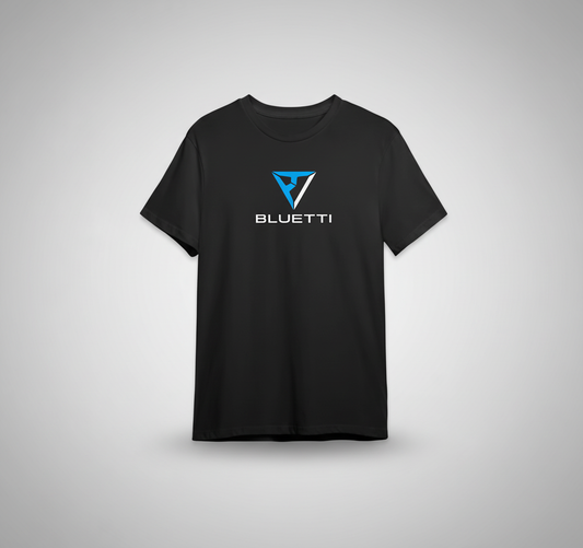 Black t-shirt with Bluetti logo on a gray background