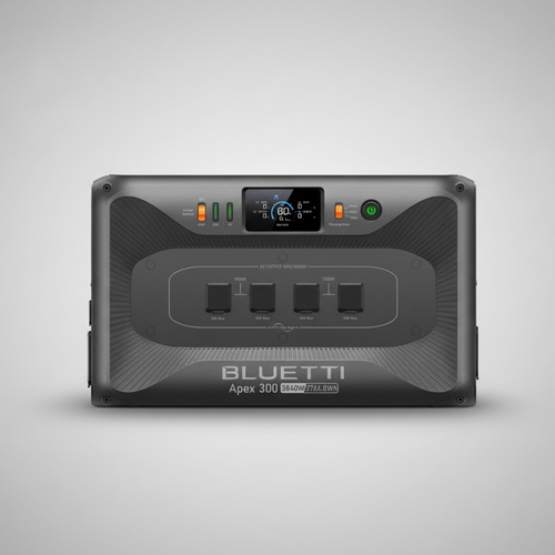 Bluetti Apex 300 portable solar generator front view on gray background for SolarFlare energy