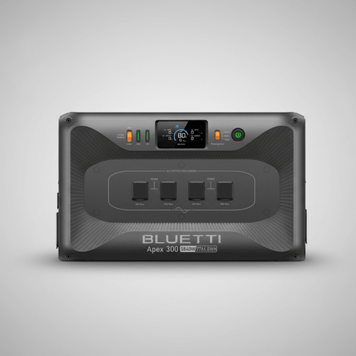 Bluetti Apex 300 portable solar generator front view on gray background for SolarFlare energy