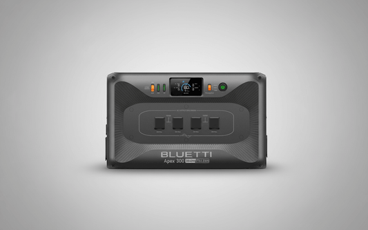 Bluetti Apex 300 portable solar generator front view on gray background for SolarFlare energy