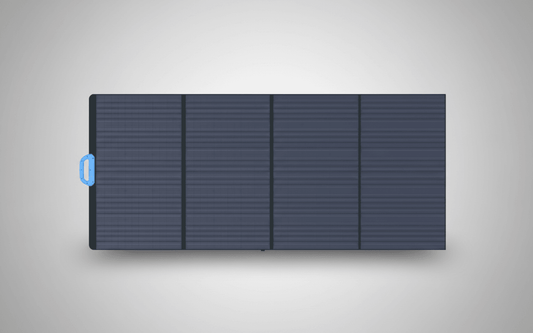 SolarFlare portable solar panel with blue handle, sleek design on neutral background