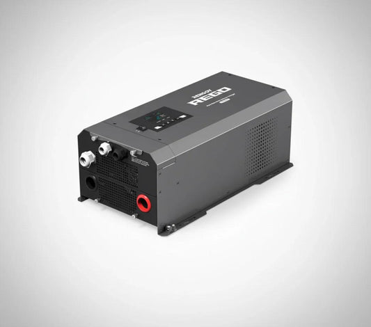 Compact solar power inverter with control panel and wiring ports on a white background