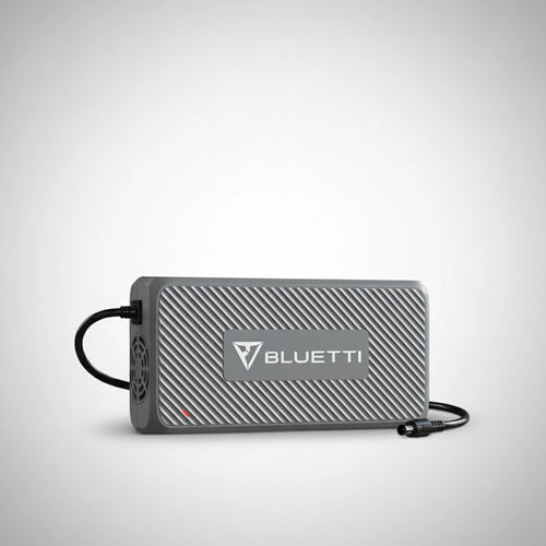 Bluetti portable solar generator power supply with cables, gray design, on white background