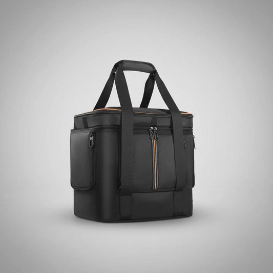 SolarFlare Generators portable black carrying case with zipper and side pockets on gray background