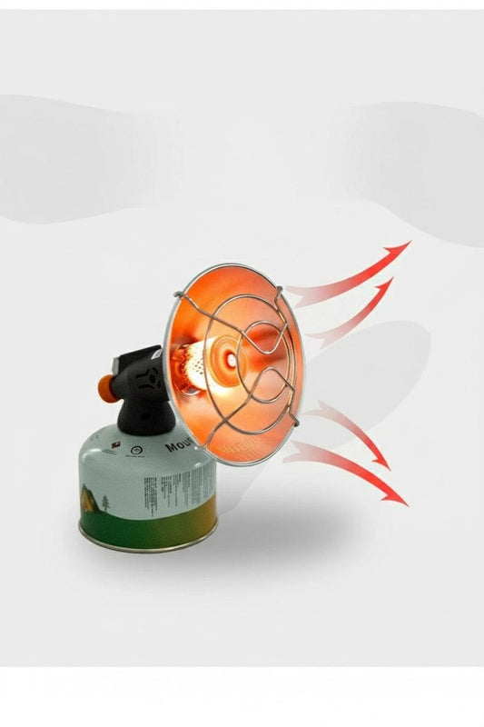 Portable camping gas heater emitting heat, ideal for SolarFlare renewable energy solutions