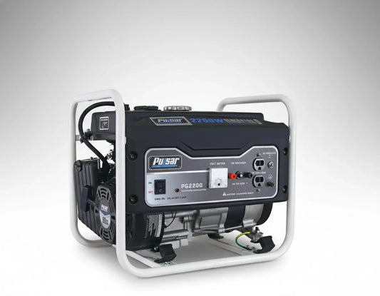 Portable generator with metal frame, Pulsar branding, featured on SolarFlares Generators site