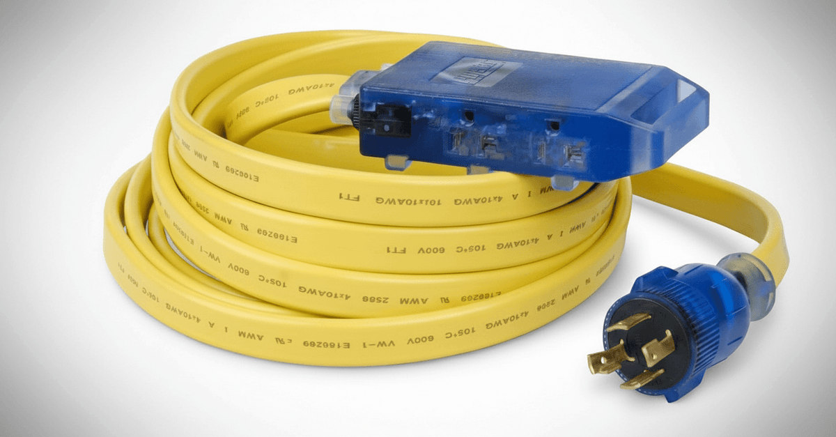 Heavy-duty yellow power extension cord with blue plug and connector for portable generators