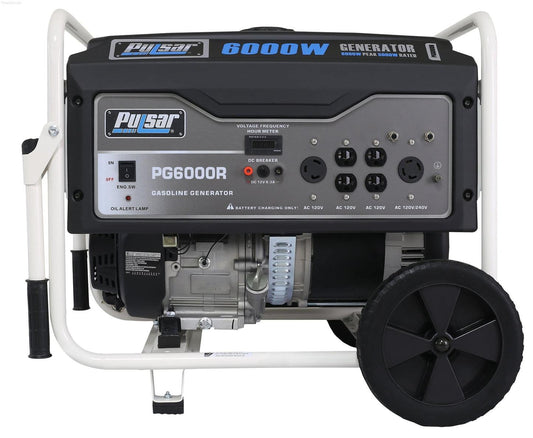 Pulsar PG6000R portable generator with a black and gray exterior, featuring multiple power outlets and never-flat wheels.