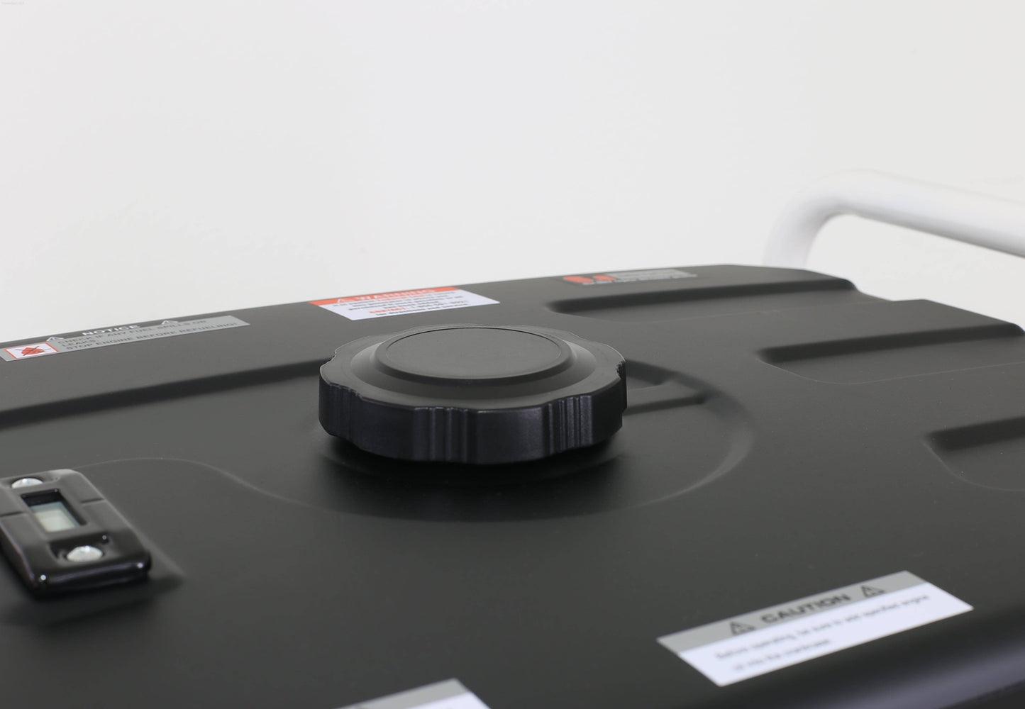 Black fuel tank cap on the Pulsar PG6000R Portable Generator, featuring warning labels and level indicator.