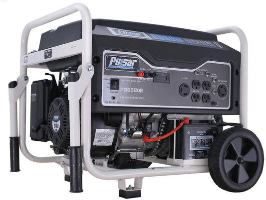 Pulsar PG6580E portable generator in black with electric start, multiple outlets, and durable wheels for easy mobility.