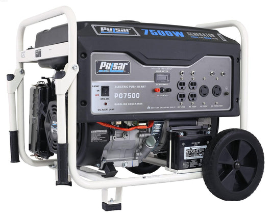 Pulsar PG7500 portable generator with black casing, electric push start, dual drop-down handles, and never-flat wheels.