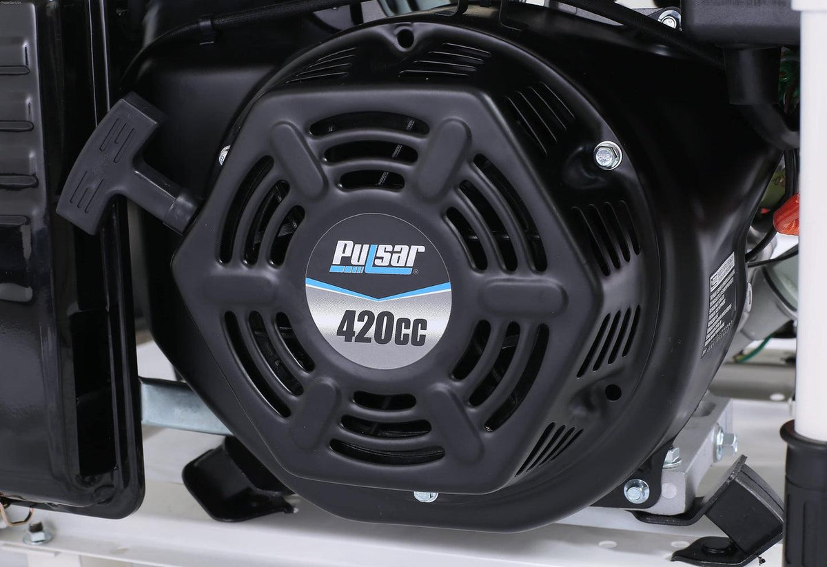 Close-up of the Pulsar PG7500 generator's 420cc engine, featuring a sleek black casing with ventilation openings.