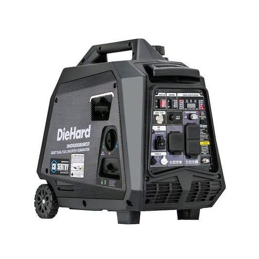 5000W dual fuel inverter generator featuring a compact design, remote start, and multiple outlet options for versatile use.