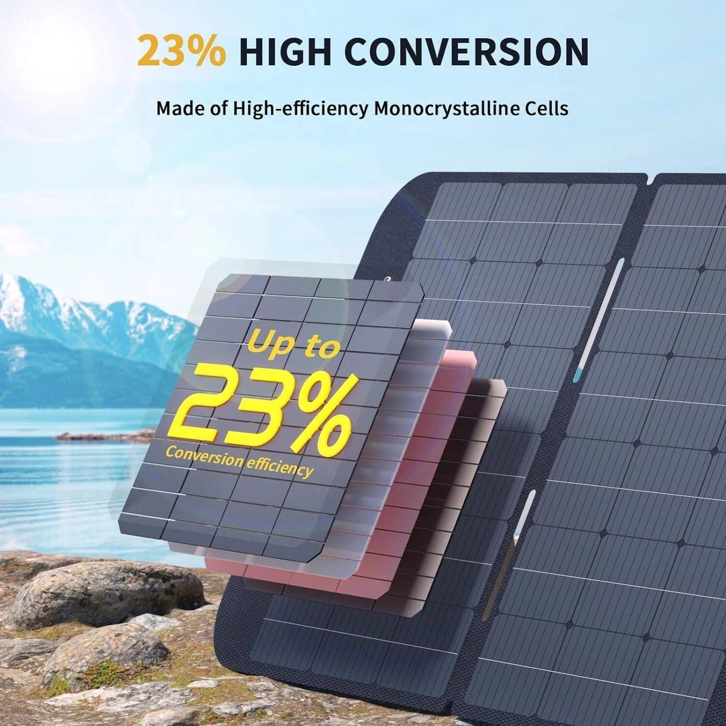 Foldable VTOMAN VS400 400W solar panel with monocrystalline cells, showing up to 23% efficiency against a scenic backdrop.