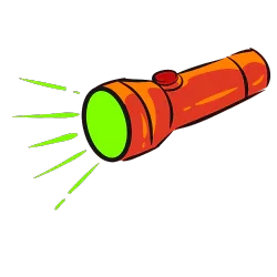 Illustration of orange flashlight shining green light, renewable energy theme
