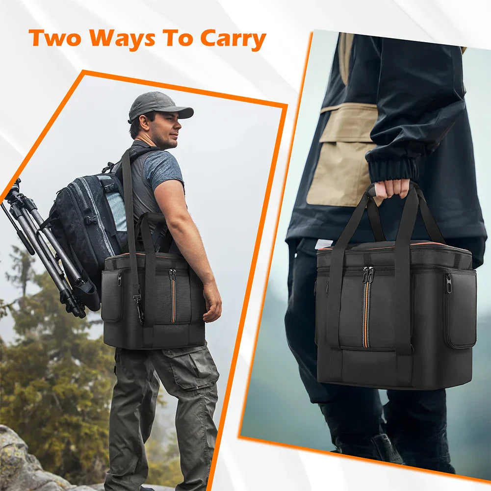 Two images of a man and woman outdoors with solar power carrying bags and foldable solar panels.