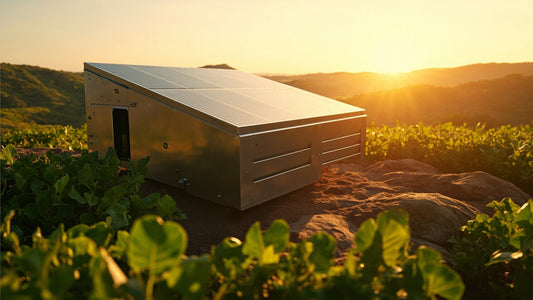 Solar generator with solar panels outdoors at sunset, providing renewable energy in nature.
