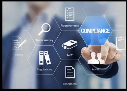 Business person touching compliance icon on transparent screen with law, regulations, and audit keywords