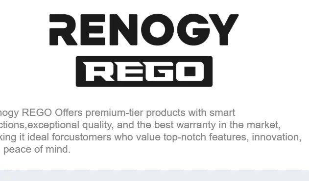 Renogy REGO solar generator logo and description, premium renewable energy product