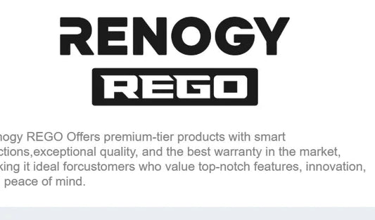 Renogy REGO solar generator logo and description, premium renewable energy product