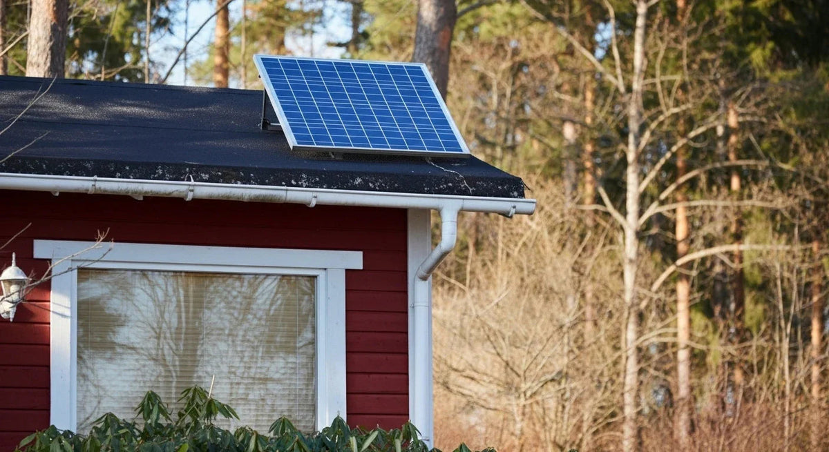 Solar panel installed on red house roof with forest background, renewable energy solution