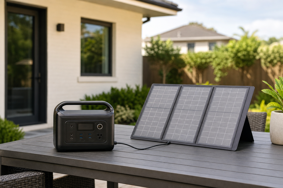 Portable power station connected to a foldable solar panel outdoors near a home