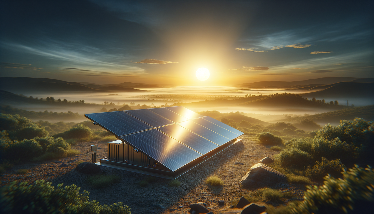 portable solar generator on rocky ground at sunrise with glowing panels and misty hills