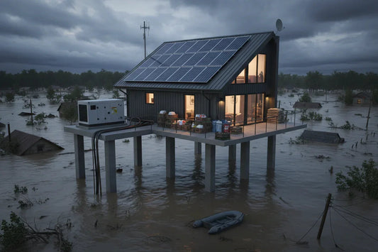 Elevated house with solar panels and generator powered by SolarFlare Generators in flood disaster