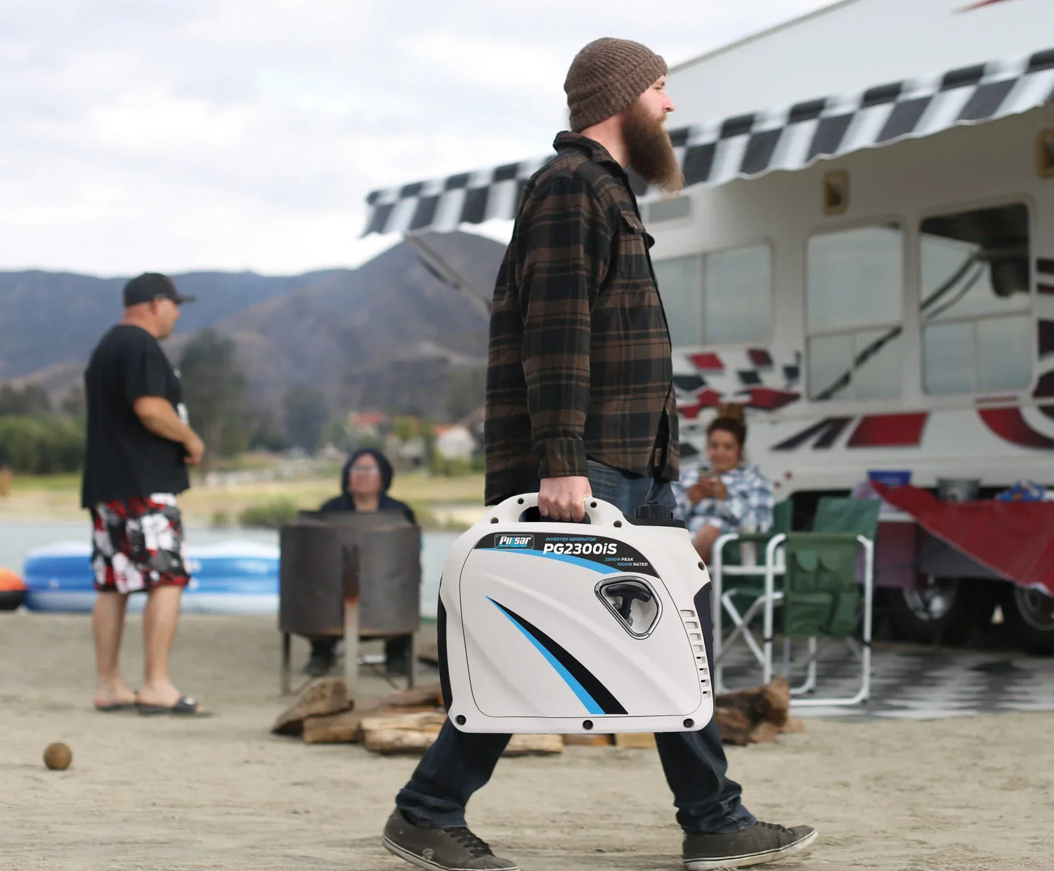 Man with portable generator near RV campsite, showcasing solar generator for outdoor energy needs