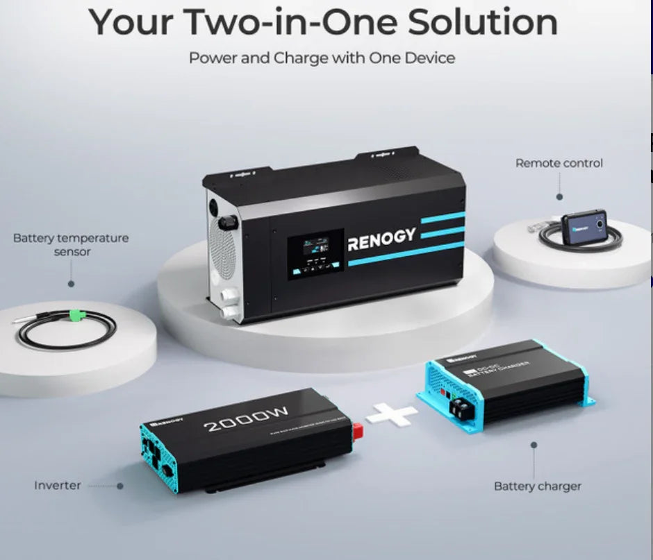 Renogy solar generator kit with inverter, battery charger, remote control, and temperature sensor
