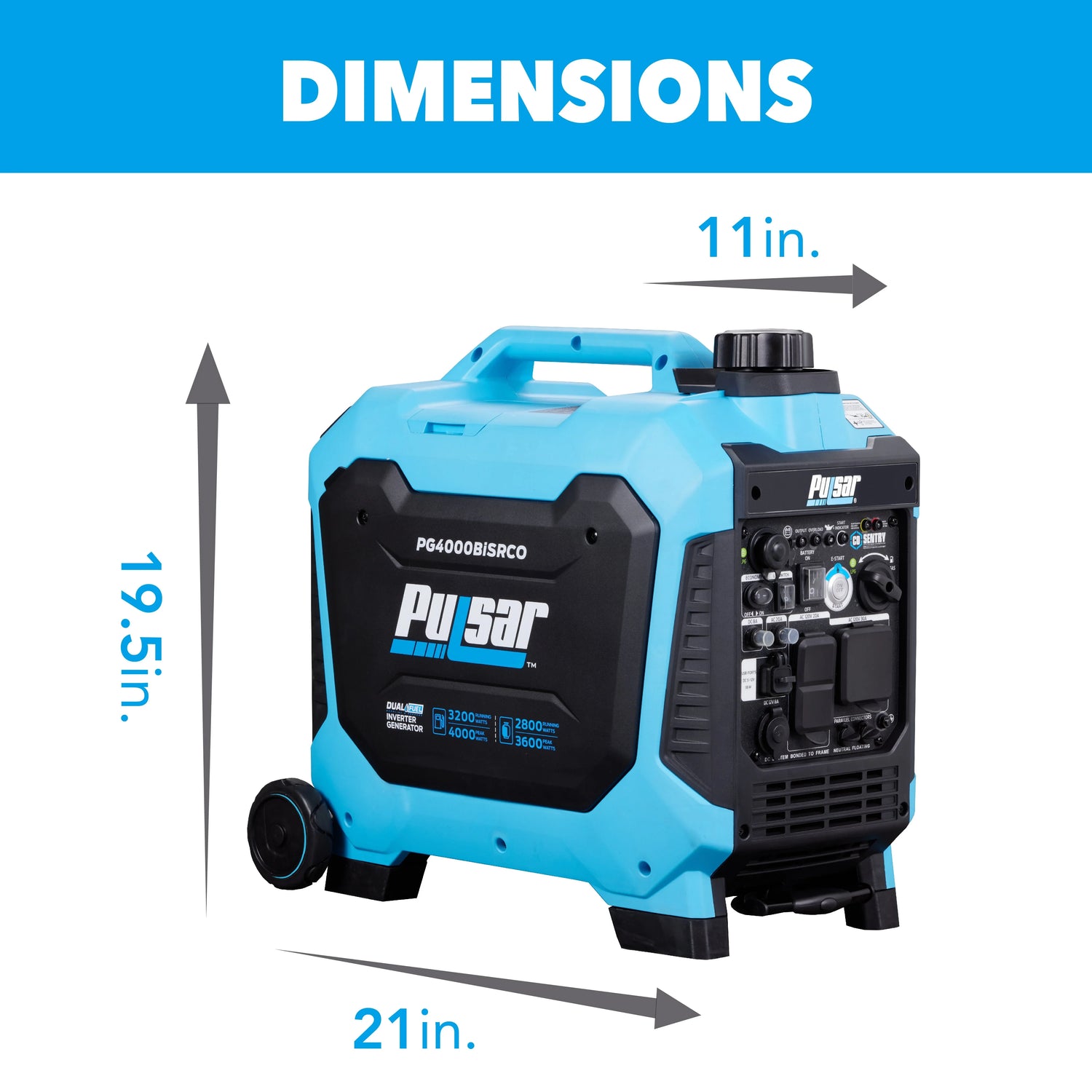 Pulsar portable generator with control panel, blue casing, and labeled dimensions: 19.5 x 21 x 11 in.