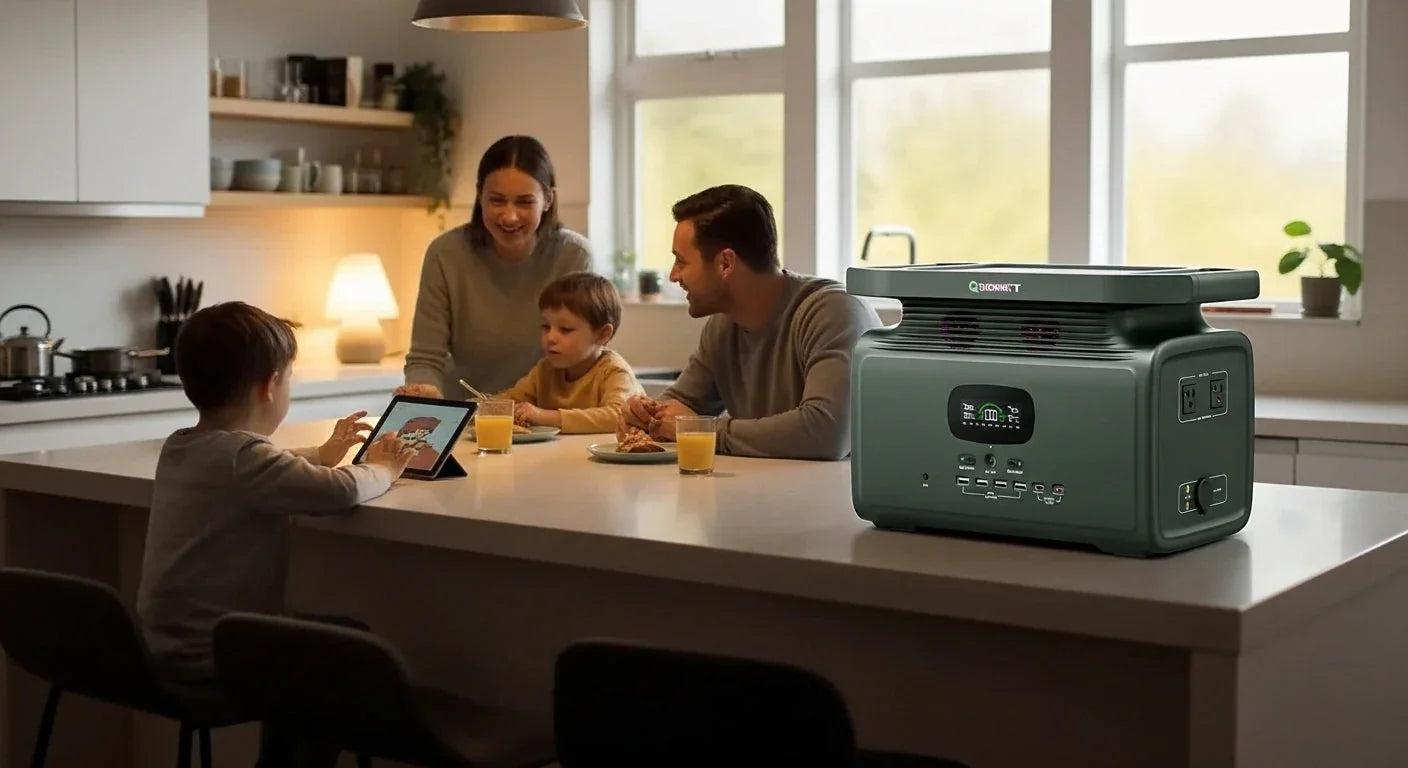 Family in modern kitchen with portable power station on countertop, kids using tablet